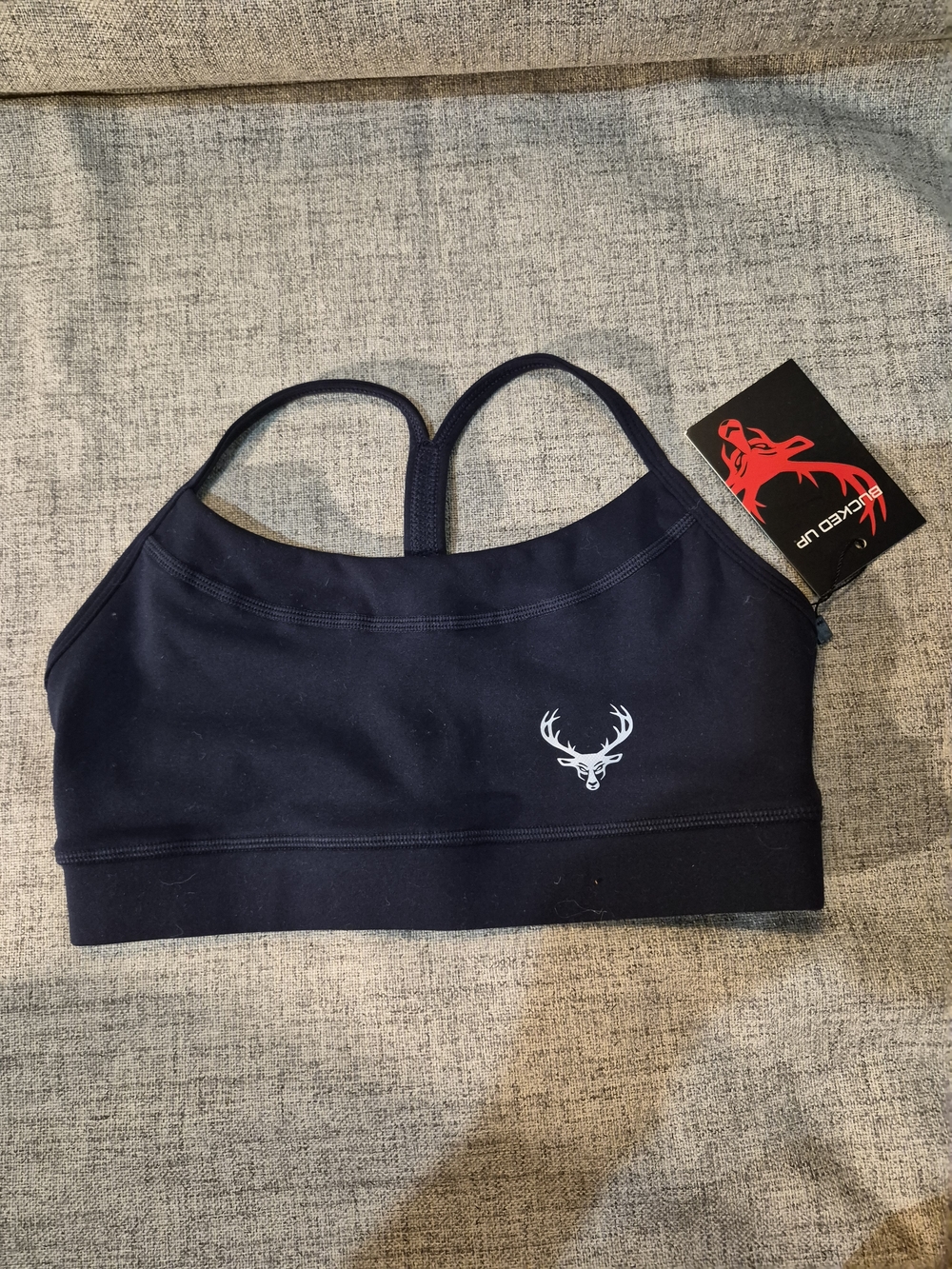 Navy Strappy Low-Impact Sports Bra with Deer Emblem